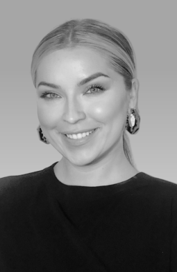Black and white headshot of Justine Crispin