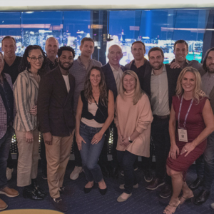Franworth and brand leaders gathered together with the Las Vegas city elements behind them.