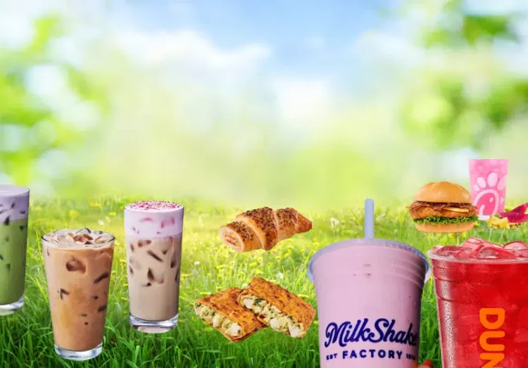 FranchiseWire Spring 2025 hero image features Starbucks, MilkShake Factory, Chick-fil-A, and Dunkin' Donuts
