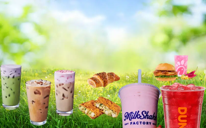 FranchiseWire Spring 2025 hero image features Starbucks, MilkShake Factory, Chick-fil-A, and Dunkin' Donuts